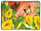 Żółte, Kwiaty, Motyle, Grafika, Komputerowa