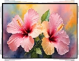 Różowe, Kwiaty, Hibiskus, Grafika