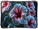 Mokre, Hibiskusy, Kwiaty, Krople, Grafika