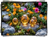 Żółte, Różowe, Kwiaty, Kamienie, Żółte, Kule, Rośliny