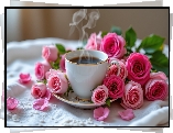 Filiżanka, Kawa, Kwiaty, Róże, Serweta