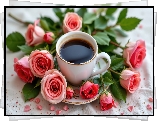 Biała, Filiżanka, Talerzyk, Kawa, Różowe, Róże