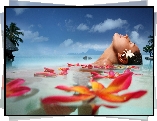 Kobieta, Kwiaty, Morze, Kąpiel, Tahiti