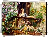 Kobieta, Kwiaty, Balkon, Reprodukcja, Obrazu
