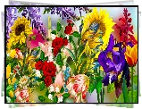Kwiaty, Kolorowe, Słonecznik, Tulipany, Róże, Glicynia, Irys, Grafika