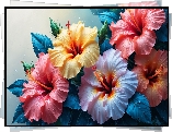 Kwiaty, Kolorowe, Hibiskusy, Krople, Zbliżenie