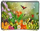 Kolorowe, Kwiaty, Motyle, Art