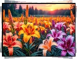 Lilie, Kolorowe, Słoneczny blask, Grafika
