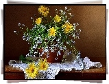 Kompozycja, Bukiet, Niezapominajki, Rudbekia, Serweta