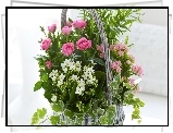 Kosz, Kwiatów, Kalanchoe, Różowe, Róże, Bluszcz