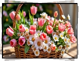 Tulipany, Stokrotki, Bukiet, Koszyk, Grafika AI