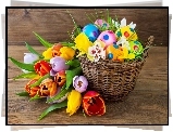 Koszyk, Kolorowe, Pisanki, Tulipany, Ławka, Wielkanoc