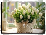 Kwiaty, Białe, Tulipany, Koszyk, Okno, Grafika