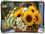 Kwiaty, Słoneczniki, Bukiet, Koszyk