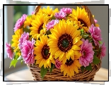 Kwiaty, Różowe, Słoneczniki, Koszyk