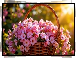 Różowe, Kwiaty, Wiklinowy, Koszyk