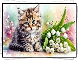 Mały, Kot, Kwiaty, Konwalie, Grafika