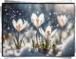 Białe, Krokusy, Kwiaty, Śnieg, 2D