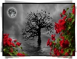 Drzewo, Księżyc, Morze, Kwiaty, Czerwone, Róże, Grafika 2D