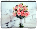 Kwiaty, Bukiet, Różowe, Róże, Białe, Frezje