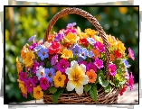 Kolorowe, Kwiaty, Bukiet, Wiklinowy, Koszyk