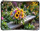 Ławka, Kwiaty, Bukiet, Słoneczniki, Rośliny