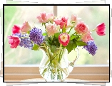 Kwiaty, Hiacynty, Tulipany, Róże, Bukiet, Dzbanek