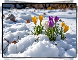 Krokusy, Żółte, Fioletowe, Kwiaty, Śnieg, Grafika AI