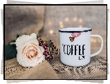 Kawa, Kwiaty, Róża, Garnuszek, Napis, Coffee lover