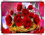 Kwiaty, Czerwone, Róże, Koszyczek, Grafika