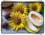 Kwiaty, Słoneczniki, Melon, Śliwki, Kapelusz