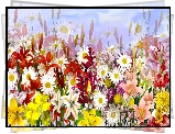 Kwiaty, Kolorowe, Lilie, Margerytki, Grafika
