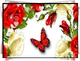 Kwiaty, Róże, Motyl, Art