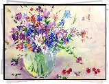 Kwiaty, Bukiet, Wazon, Wiśnie, Reprodukcja obrazu