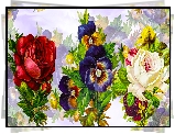 Kwiaty, Bratki, Róże, Grafika