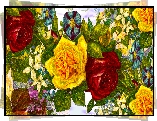 Kwiaty, Żółte, Czerwone, Róże, Grafika