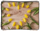 Kwiaty, Żółte, Tulipany, Serce, Deski