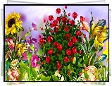 Kwiaty, Róże, Maki, Słonecznik, Grafika