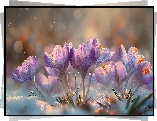 Krokusy, Kwiaty, Śnieg, Grafika AI