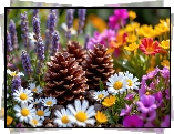 Kolorowe, Kwiaty, Stokrotki, Lawenda, Szyszki