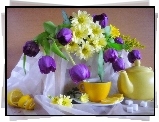 Kwiaty, Fioletowe, Tulipany, Dzbanek
