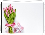 Kwiaty, Wiązanka, Tulipany, Różowa, Wstążka, Prezent