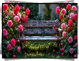 Drewniana, Ławka, Różowe, Czerwone, Róże