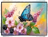 Jeżyny, Różowe, Kwiaty, Liście, Niebieski, Motyl, Grafika