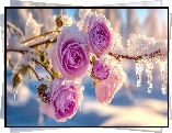 Ośnieżone, Kwiaty, Róże, Lód, Grafika AI
