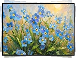 Niezapominajki, Niebieskie, Kwiaty, Listki, Grafika