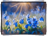 Grafika, Niebieskie, Kwiaty, Promienie słońca
