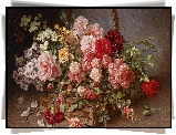 Malarstwo, Obraz, Hans Buchner, Kosz, Kwiaty, Róże, Goździki