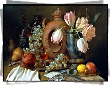 Malarstwo, Obraz, Kompozycja, Tulipany, Owoce, Granat, Gruszka, Winogrona