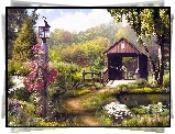 Ogród, Kwiaty, Ścieżka, Kryty, Most